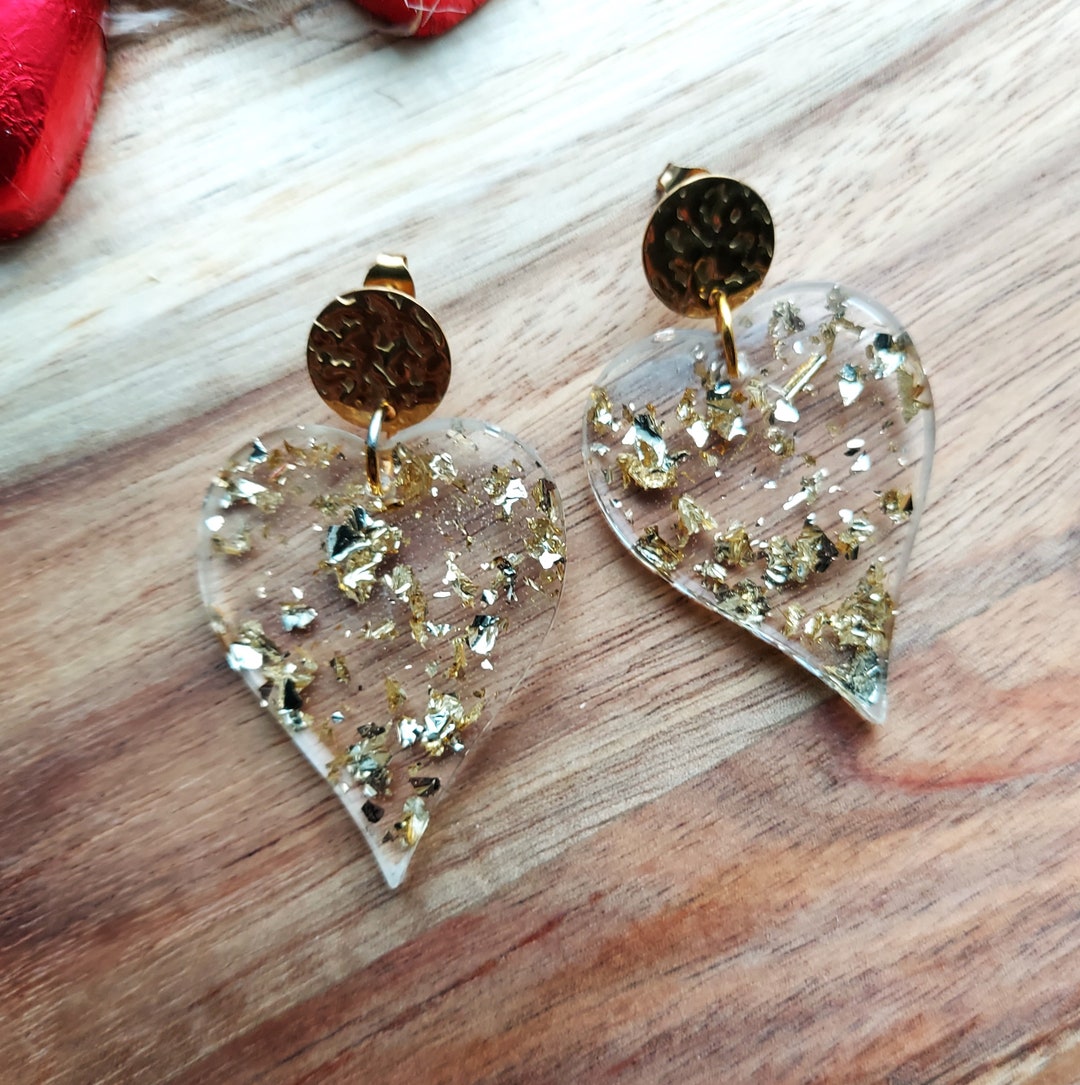 Handmade Clear Resin Drops With Gold Foil Flakes, Valentines Earrings
