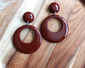 Retro 1950's Style Brown Hoop Earrings, Rockabilly, Chunky Drop Hoops, Statement Earrings, Lightweight Jewellery, Handmade Resin Earrings