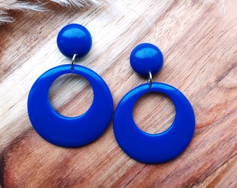 Blue Retro Drop Hoops in 50s 60s Style, Mid Century Inspired Statement Earrings, Lightweight Jewellery, Handmade Resin Earrings
