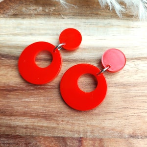 Red Drop Hoop Earrings, 50s Rockabilly, Handmade Resin Earrings. image 4