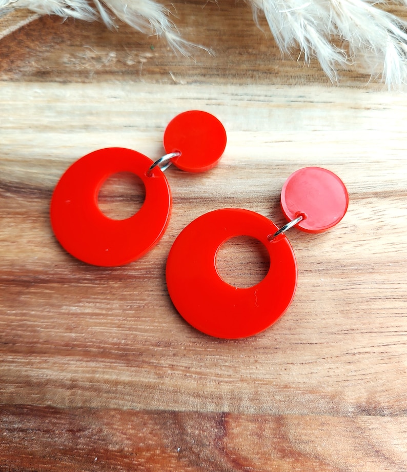 Red Drop Hoop Earrings, 50s Rockabilly, Handmade Resin Earrings. image 4