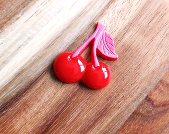 Retro 50s Style Cherry Brooch Handmade in Raspberry Red and Pink Resin, Cute Fruit Pin by RosieMays