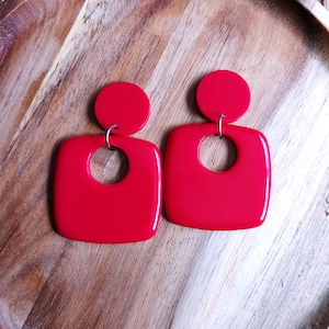 Geometric Square Drop Earrings Handmade in Raspberry Red Resin, Retro Statement Jewellery.