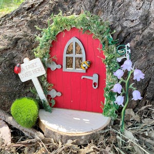May include: A miniature red fairy door with a small window, a silver handle, and a sign that reads "A Fairy Lives Here." The door is surrounded by green moss and sits on a wooden base. A small green moss ball and a sprig of purple flowers are nearby.
