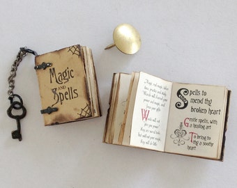 Miniature 'Aged' Magic & Spell Book (with printed pages, illustrations, and mock pop up bat)