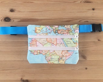 Fanny pack ADULT, blue map, blue belt, fabric map, cartography, world, travel, fanny pack world map, fanny pack map, vintage map