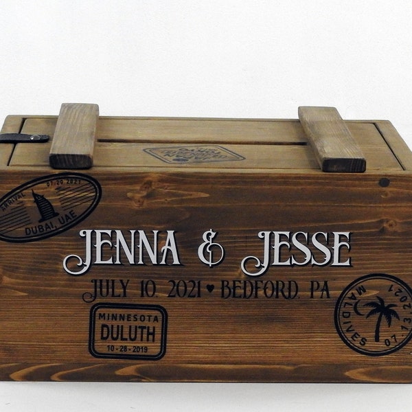 Wedding card Box with travel stamps,  keepsake box for travel loving couple, painted wood card box, personalised wedding gift, travel chest