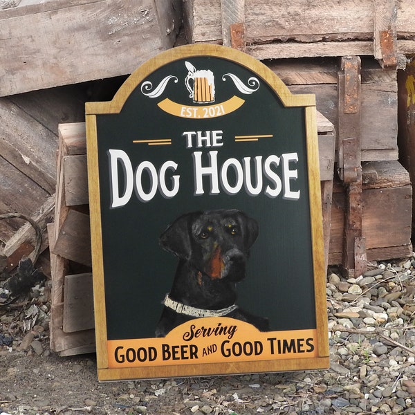 Bar Sign with dog portrait, painted English Pub Sign, Bar Decor, personalised Gift, Man Cave Sign, gift for dog lover, garden pub decor