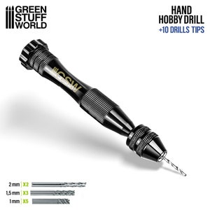May include: Black hand drill with a gold GSW logo and ten drill bits. The drill bits are labeled 2mm x2, 1.5mm x3, and 1mm x5.