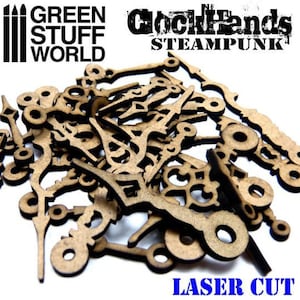 May include: A pile of laser cut wooden clock hands in various styles and sizes. The hands are brown and have a steampunk aesthetic. The text "ClockHands STEAMPUNK" is visible in the image.