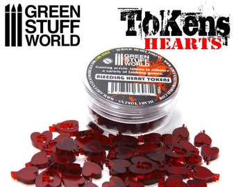 May include: A container of 50 red acrylic bleeding heart tokens. The container is labeled "Green Stuff World" and "Bleeding Heart Tokens".