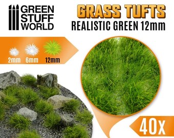 Grass TUFTS - 12mm self-adhesive - REALISTIC GREEN - Scenery Miniature diorama Basing Landscape