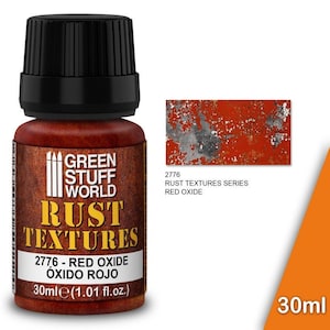 Peut inclure: Un flacon de peinture Green Stuff World Rust Textures Red Oxide de 30 ml. Le flacon est étiqueté avec le nom du produit et le numéro 2776. La peinture est de couleur brun rougeâtre et est conçue pour créer des effets de rouille réalistes.