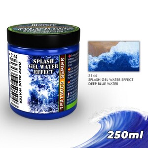 May include: A 250ml jar of deep blue gel water effect paint. The jar has a black lid and a white label with the text "Splash Gel Water Effect Deep Blue Water" and "Textures Series".
