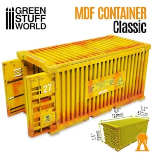 Könnte beinhalten: Ein gelber MDF-Container-Modellbausatz mit einem Biohazard-Warnhinweis. Der Container ist 124 mm breit, 62 mm hoch und 58 mm tief. Der Bausatz ist mit "MDF Container Classic" und "GSW" beschriftet.