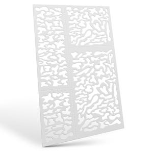 May include: A white stencil sheet with multiple cut-out designs. The sheet is divided into sections, each featuring abstract, organic shapes. The stencils are designed for crafting or artistic projects, offering a variety of patterns for creative use.