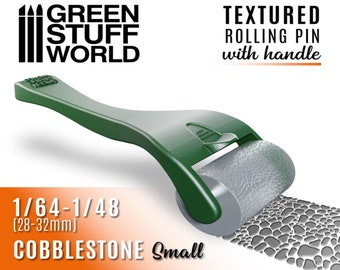 May include: Green rolling pin with a handle for creating small cobblestone textures. The pin is 1/64-1/48 inches (28-32 mm) in size. The rolling pin is textured with a cobblestone pattern and is shown rolling over a surface to create the texture.