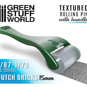May include: Green textured rolling pin with a handle for creating 1/87-1/72 scale Dutch bricks, 15mm in size. The rolling pin is shown rolling over a sample of the brick pattern.