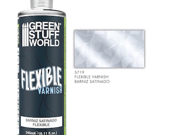 May include: A clear bottle of Green Stuff World Flexible Varnish. The label is primarily dark teal with white text, including "FLEXIBLE VARNISH" and "BARNIZ SATINADO". The bottle contains 240ml (8.11 fl.oz.) of varnish. A small sample image is shown.