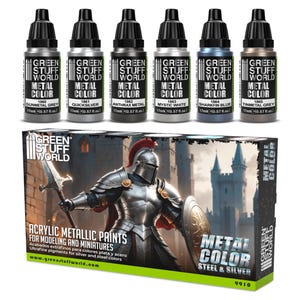 Set 6x Metal Paints SILVER - Brush and Airbrush Acrylic Metallic Paints Compatible with Wargames Wargaming Miniature Painting