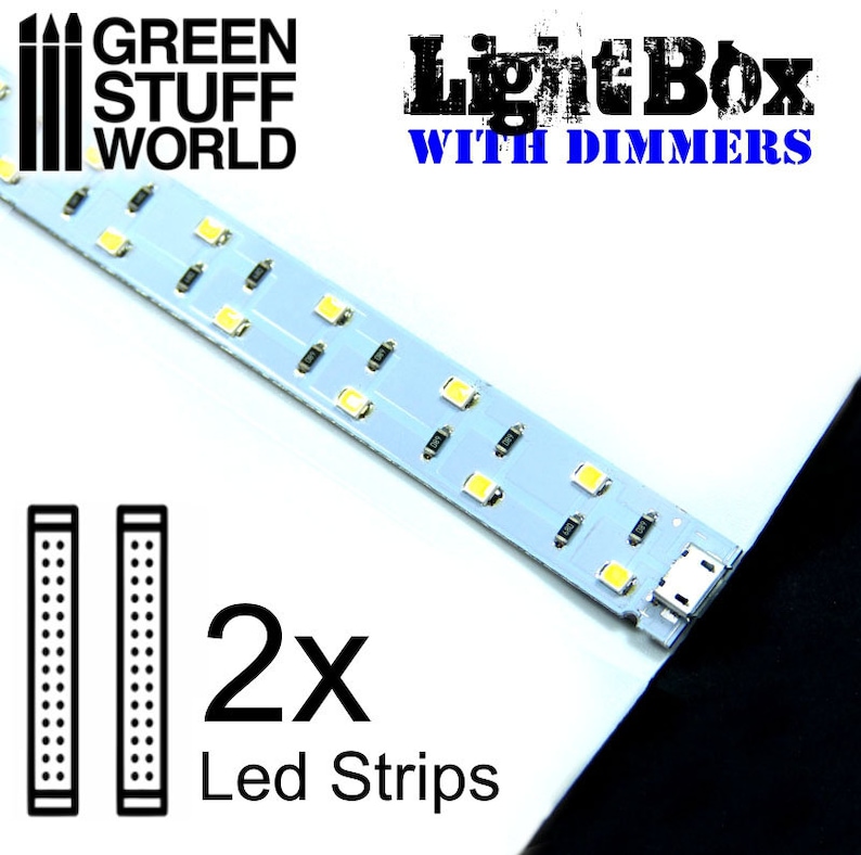 Op de afbeelding: Twee witte LED-lichtstrips met een micro-USB-connector aan het einde. De strips zijn gelabeld met "2x Led Strips". De tekst "Light Box with Dimmers" staat in de rechterbovenhoek van de afbeelding.