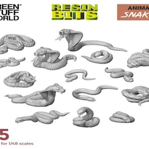 Puede incluir: Un conjunto de 15 figuras de serpientes de resina impresas en 3D, adecuadas para modelos a escala 1/48. Las serpientes están en varias poses, incluyendo enroscadas, golpeando y deslizándose. Las figuras son grises y tienen una textura realista.