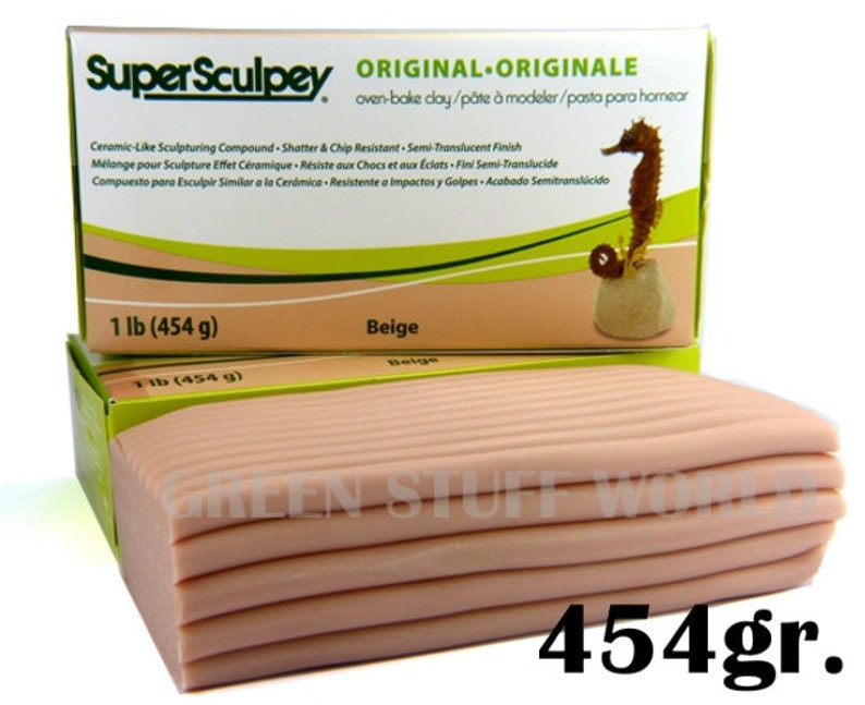 May include: A beige block of Super Sculpey oven-bake clay, weighing 1 lb (454 g). The clay is packaged in a box with a seahorse illustration and the text "ORIGINAL ORIGINALE".