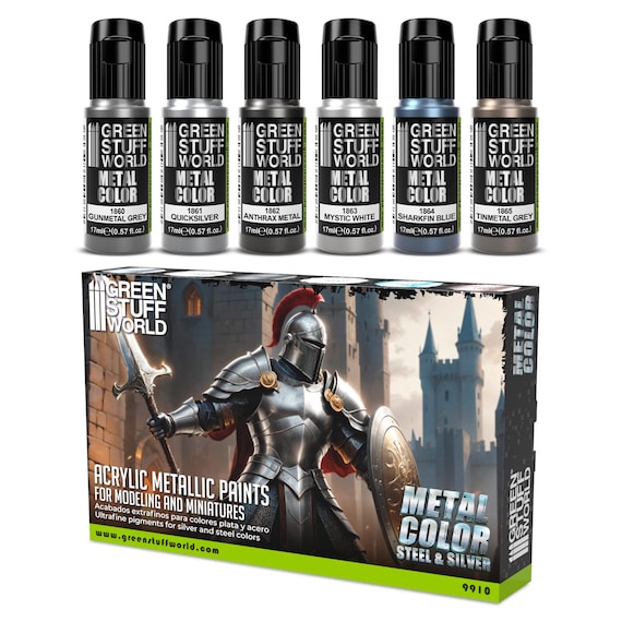 Set 6x Metal Paints SILVER - Brush and Airbrush Acrylic Metallic Paints Compatible with Wargames Wargaming Miniature Painting