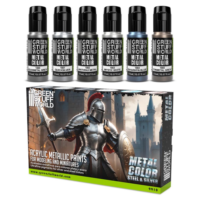 Set 6x Metal Paints SILVER - Brush and Airbrush Acrylic Metallic Paints Compatible with Wargames Wargaming Miniature Painting image 1