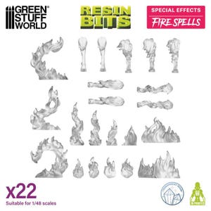 May include: A collection of 22 transparent resin fire spell effects for miniature models. The set includes various flame shapes, including bursts, streams, and larger fire formations. The text "FIRE SPELLS" is displayed on a pink background.