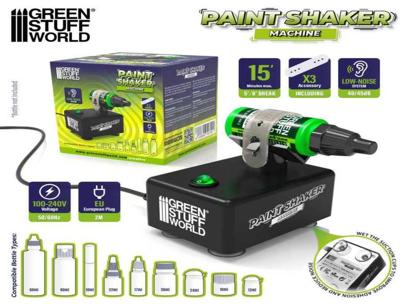 Pode incluir: Uma m&aacute;quina de agitar tinta preta com um bot&atilde;o verde e um frasco de tinta verde e prateado preso em uma bra&ccedil;adeira. A caixa diz "Paint Shaker Machine" e "Green Stuff World". Compat&iacute;vel com v&aacute;rios tamanhos de garrafas.