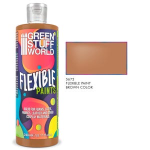 Pode incluir: Uma garrafa castanha de tintas flexíveis Green Stuff World, com uma amostra de cor e detalhes do produto. A garrafa contém 240 ml de tinta, adequada para espumas, látex, tecidos, couro e materiais de cosplay.