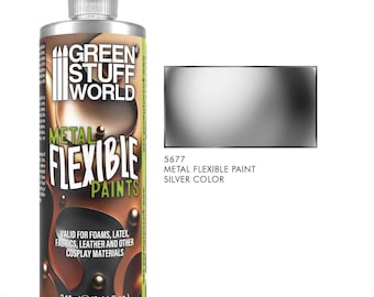 May include: A bottle of Green Stuff World Metal Flexible Paints in silver. The label indicates the paint is valid for foams, latex, fabrics, leather, and other cosplay materials. The bottle contains 240ml (8.11 fl. oz.) of paint.