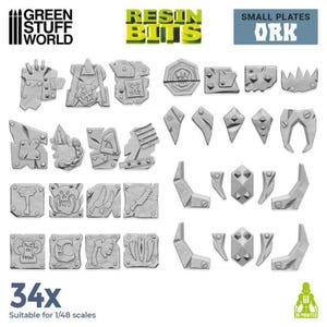 May include: A set of 34 grey resin miniature model parts, including plates, spikes, and decorative elements. The text "RESIN BITS" and "SMALL PLATES ORK" are visible. Suitable for 1/48 scale models.