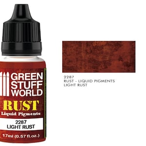 Puede incluir: Un frasco de 17 ml de pigmento líquido óxido Green Stuff World en color óxido claro. El frasco tiene una tapa negra y una etiqueta con el logotipo de Green Stuff World y el nombre del producto y el color.