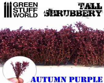 May include: A close-up of a large, dense, purple-colored shrubbery model. The model is made of fine, detailed plastic and is perfect for creating realistic landscapes in model railroading or miniature scenes. The text "TALL SHRUBBERY" is visible in the image. The text "AUTUMN PURPLE" is also visible in the image.