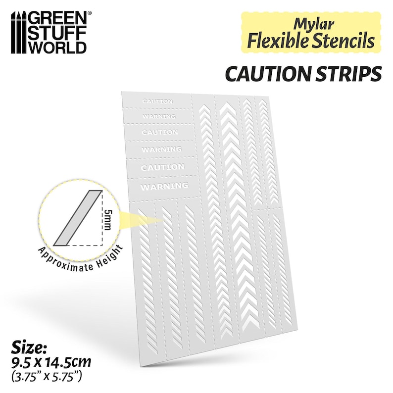 May include: A white Mylar stencil sheet with the text "CAUTION STRIPS". The sheet features various arrow and stripe designs, along with the words "CAUTION" and "WARNING". The stencil measures 3.75" x 5.75" (9.5 x 14.5cm).