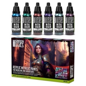 Set 6x Metal Paints COLORS - for paintbrush and Airbrush - Acrylic Paints Metallic wargame modeling, miniature painting and dioramas