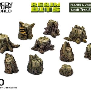 Puede incluir: Un conjunto de diez pequeños tocones de árboles impresos en 3D, adecuados para modelos a escala 1/48. Las piezas de resina están pintadas a mano y presentan texturas de corteza detalladas y formas variadas. Incluye el texto "Plants & Vegetation" y "Small Tree Stumps".