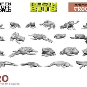 Puede incluir: Un conjunto de 20 figuras de rana de resina gris, adecuadas para modelos a escala 1/48. Las figuras están en varias poses, incluyendo sentadas, saltando y nadando. El conjunto incluye una variedad de especies de ranas, incluyendo ranas toro, ranas arborícolas y ranas venenosas. El conjunto está etiquetado como "Animales Ranas" y "Resina Bits".