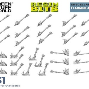 May include: A set of 31 3D printed resin flaming arrows, suitable for 1/48 scale models. The arrows are in various positions, some are in flight, some are stuck in the ground, and some are broken. The arrows are all gray and have a realistic flame effect.