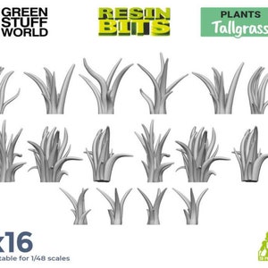 Op de afbeelding: Een set van 16 grijze harshoge grassen, geschikt voor 1/48 schaalmodellen. De planten zijn in rijen gerangschikt, waarbij elke plant een andere vorm en grootte heeft. De tekst "x16" en "Geschikt voor 1/48 schalen" is onder de planten gedrukt.