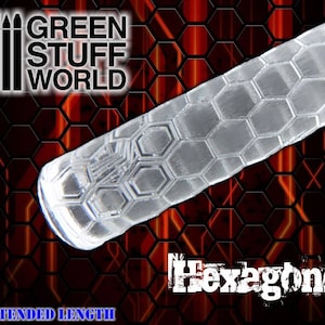 May include: A clear acrylic rolling pin with a hexagonal pattern. The rolling pin is on a red and black honeycomb background. The text "GREEN STUFF WORLD" is in the top left corner of the image. The text "Hexagons" is in the bottom right corner of the image. The text "EXTENDED LENGTH" is in the bottom left corner of the image.
