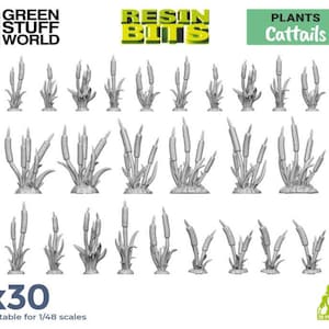 Könnte beinhalten: Ein Set mit 30 3D-gedruckten Rohrkolbenpflanzen, geeignet für Modelle im Maßstab 1:48. Die Pflanzen sind aus grauem Harz gefertigt und in verschiedenen Posen angeordnet.