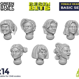 Puede incluir: Un conjunto de 14 cabezas femeninas para figuras en miniatura, adecuado para modelos a escala 1/48. Las cabezas están hechas de resina y son impresas en 3D. Las cabezas están en varias poses y expresiones, incluyendo sonriendo, frunciendo el ceño y neutrales.