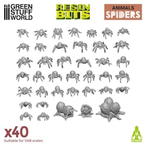 May include: A set of 40 grey resin spider miniatures, suitable for 1/48 scale models. The spiders are in various poses, including crawling, jumping, and attacking. The set includes a variety of spider types, including orb weavers, wolf spiders, and tarantulas.