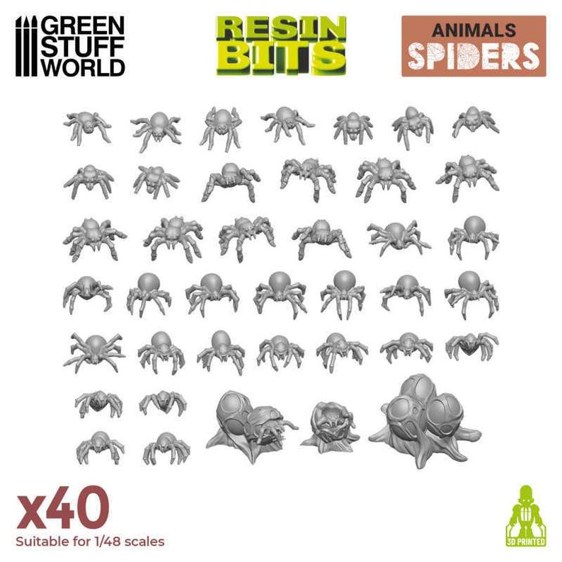 May include: A set of 40 grey resin spider miniatures, suitable for 1/48 scale models. The spiders are in various poses, including crawling, jumping, and attacking. The set includes a variety of spider types, including orb weavers, wolf spiders, and tarantulas.