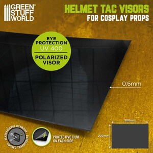 May include: Black polarized visor for cosplay props. Eye protection UV 400.  Protective film on each side.  Measures 300mm x 200mm x 0.6mm.