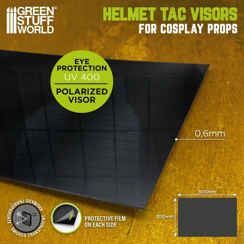 May include: Black polarized visor for cosplay props. Eye protection UV 400.  Protective film on each side.  Measures 300mm x 200mm x 0.6mm.