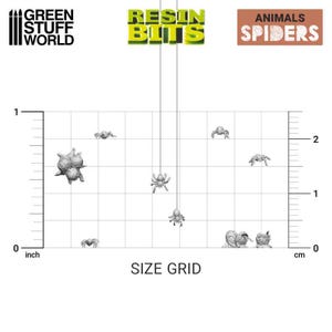 May include: A size grid with a variety of spider miniatures in different poses. The miniatures are made of gray resin and are approximately 1 inch in size. The grid is marked in inches and centimeters.